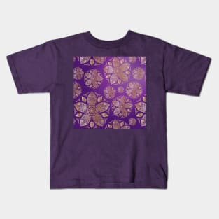 Mandala and Leaves Floral Pattern Gold Five Petal Flower on Purple Ombre Kids T-Shirt